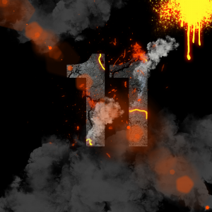 Chiffre 11 sur fond noir dans un décor de feu et de fumée. Réalisé avec Photoshop.