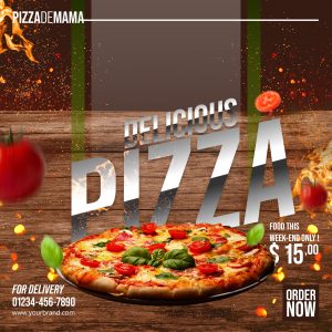 Affiche pour une pizzeria avec une pizza et des aliments qui flottent autour. Réalisé avec Photoshop.